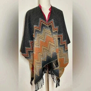 Vintage | Knit Wool/Cashmere Poncho Wrap | Navy / Stone / Orange | Tassels